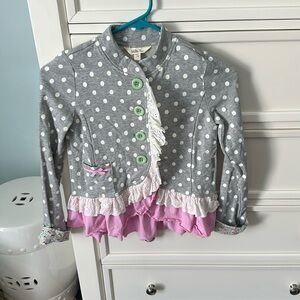 Matilda Jane Gray Polka Dot Kids Jacket with Pink Ruffles size 8